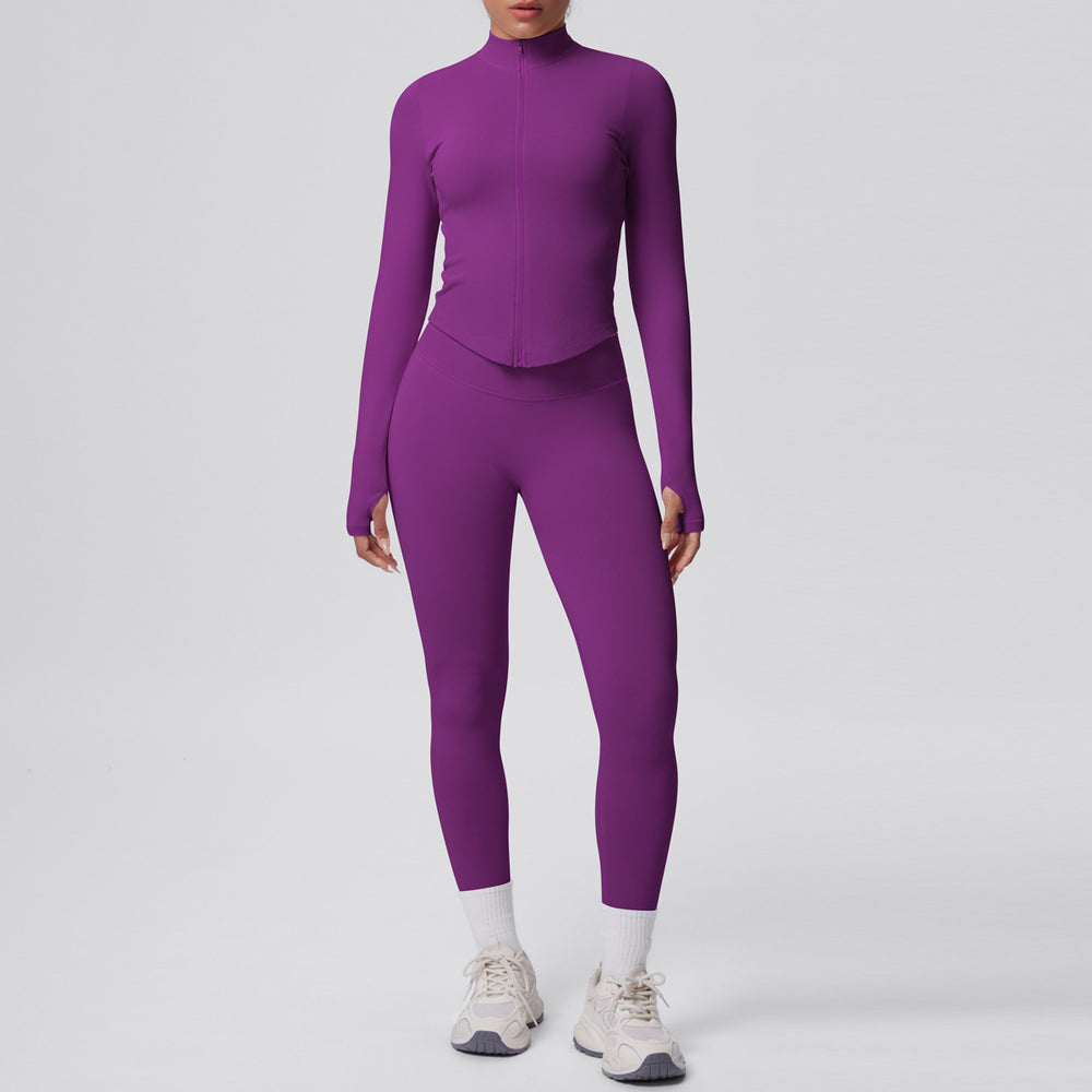 High-waisted, butt-lifting, form-fitting yoga set. solid color, seamless, stand-up collar, longline activewear. perfect for outdoor running and fitness