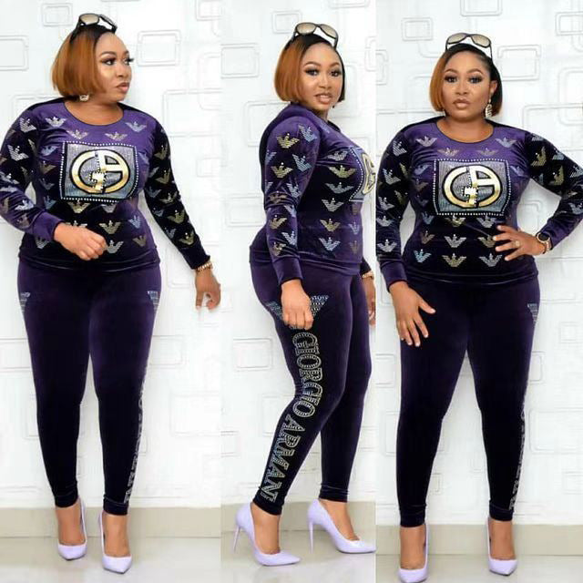 new winter collection: african-inspired hotfix rhinestone & beaded letter long sleeve tee + pencil pants fashion casual two-piece set