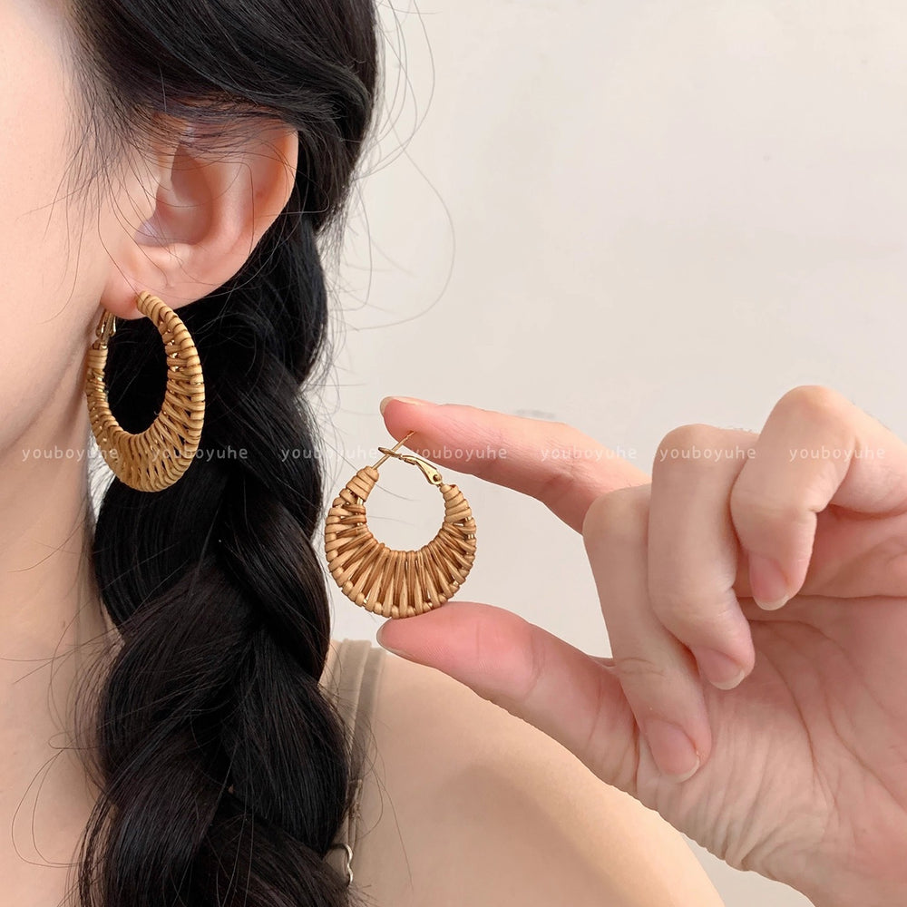 Bohemian style retro bamboo woven earrings niche accessible luxury classy exaggerated elegant earrings holiday style earrings for women