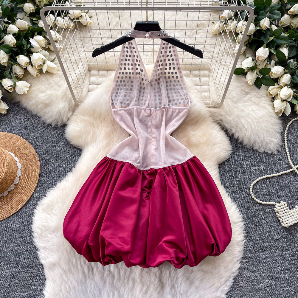 Sexy sweet and spicy style deep v neckhalterdress women's heavy industry diamond-encrusted k-style sleeveless puffy skirt classy sense