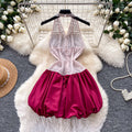 Sexy sweet and spicy style deep v neckhalterdress women's heavy industry diamond-encrusted k-style sleeveless puffy skirt classy sense