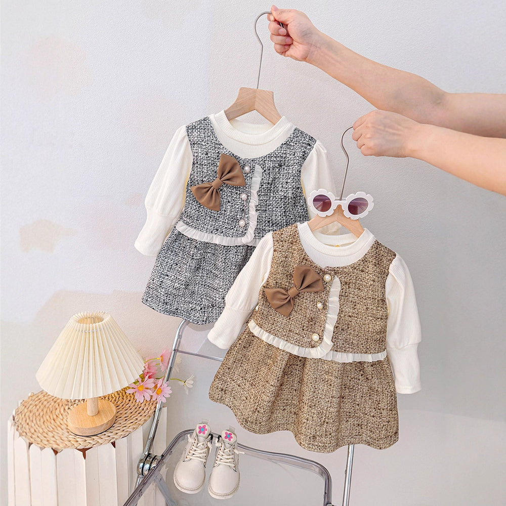 Sweet and chic two-piece look dress for girls: stylish bowknot plaid lace suspender skirt spring/autumn outfit