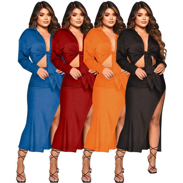 K10203 European and American  women's clothing   2022 autumn new pit strip long-sleeved split skirt set