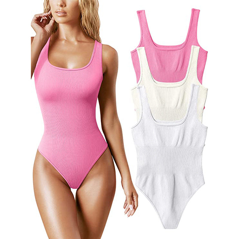 2023  Europe and the United States  hot-selling seamless threaded vest waist shaping square collar onesie