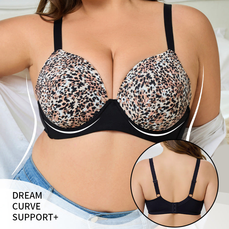 Plus size leopard print push-up bra for curvy women - enhances cleavage, minimizes appearance, prevents sagging, and provides side support