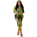 European and american style cross-border printed elegant women's fitted retro bodycon dress with high neck and long sleeves - new green autumn/winter dress