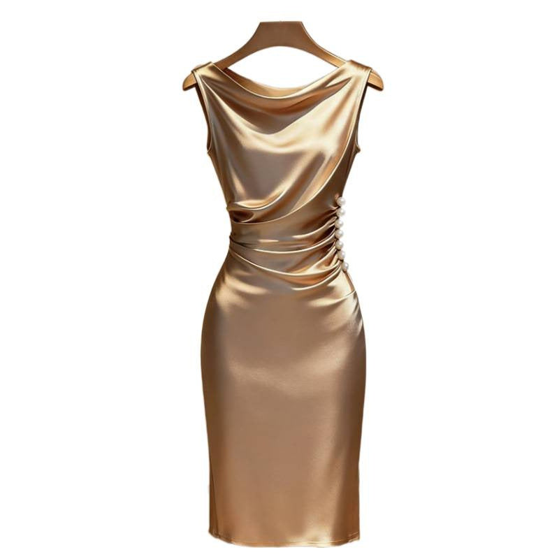 European and american cross-border women's summer new french elegant fashion satin sleeveless slim-fit midi dress