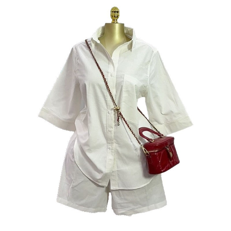 European and american cross-border women's fashion:  autumn new collection - solid color turn-down collar loose-fit short sleeve shirt and wide-leg shorts set