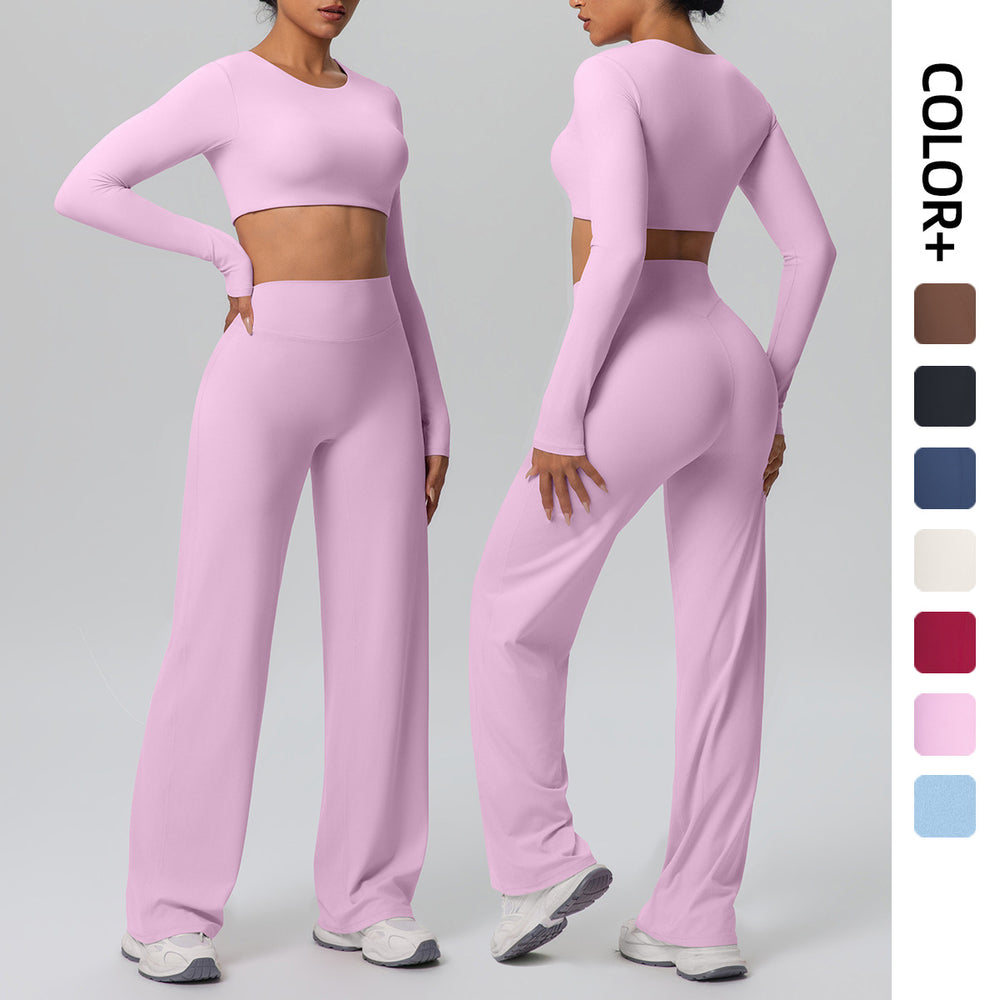 High-waisted, straight-leg, wide-leg, quick-drying yoga set with built-in bra pads, featuring a cropped, long-sleeved design. perfect for outdoor running and fitness activities for women