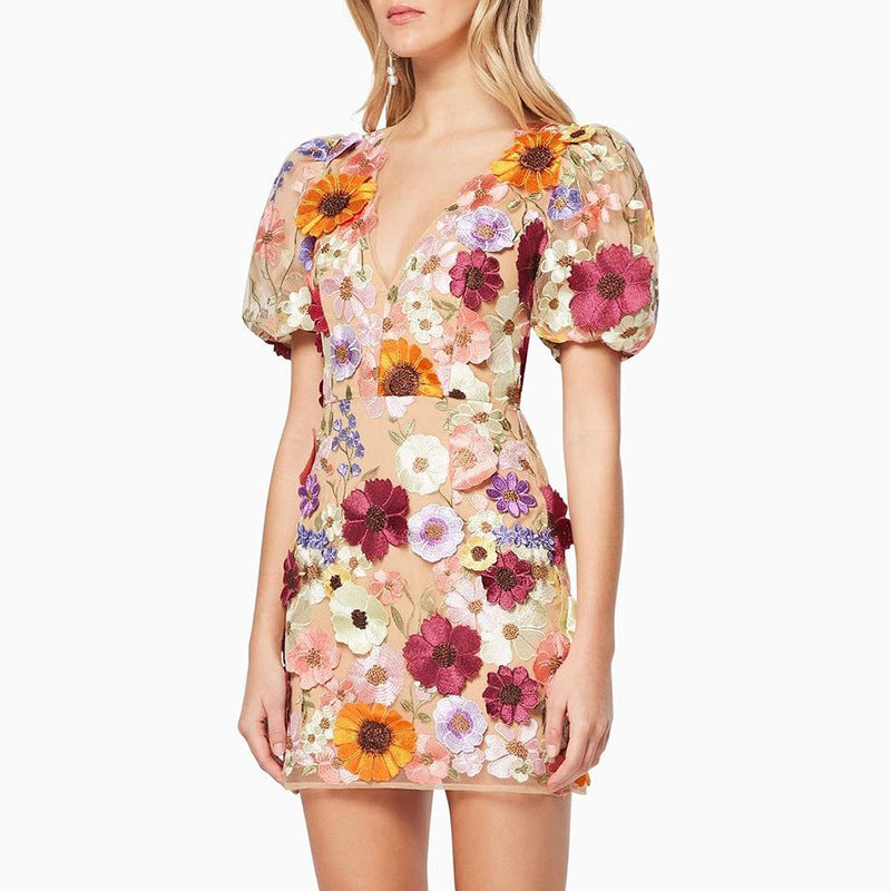 European and american cross-border  ins new arrival v-neck 3d floral bodycon lantern sleeve dress sexy embroidered evening gown
