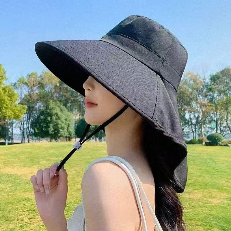 Large brim sun protection integrated tea picking hat women's summer anti-ultraviolet sunshade neck protection shawl bucket hat can tie a ponytail