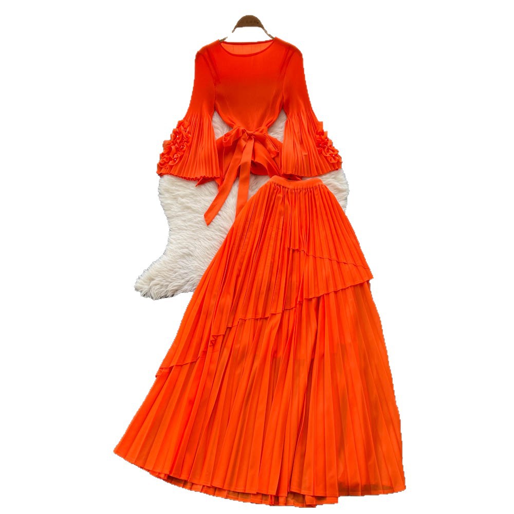 Fashionsense of design strappy waist flared sleeves asymmetrical pleated topshigh waistslimming look large swing skirt suit