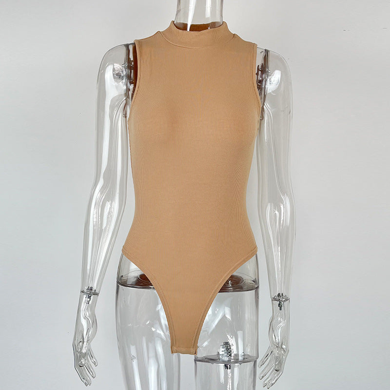 2025 Europe, America and summer  new women's clothing, sexy slim-fitting cotton threaded semi-turtleneck sleeveless vest onesie