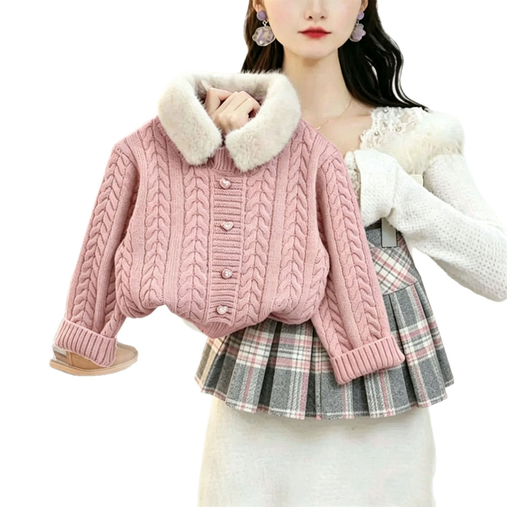 Girls' sweater set - new  winter collection: pink faux fur collar cardigan & wool blend plaid skirt two-piece set