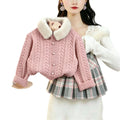 Girls' sweater set - new  winter collection: pink faux fur collar cardigan & wool blend plaid skirt two-piece set