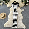 Korean style blue and white striped square neck knitted dress - women's summer short sleeve high waist a-line dress - commuter chic, slimming fit