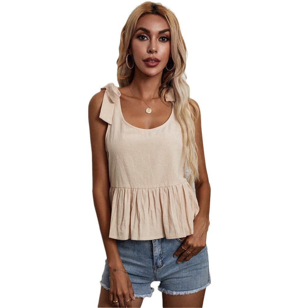 new arrival cross-border fashion women's looseeasiest for match t-shirt u-neck strappy cotton and linen straight-leg camisole tops