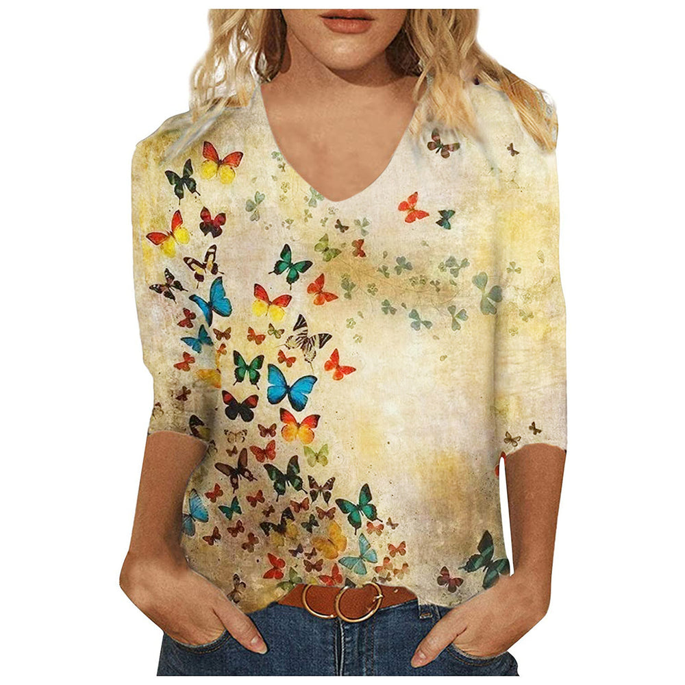 cross-border  women's casual printed v-neck 3/4 sleeve t-shirt top - in stock