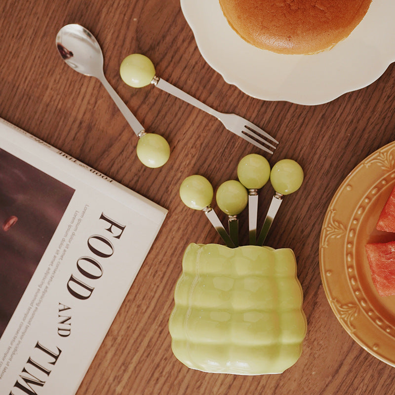 Cream style ceramic fruit fork light luxury set high appearance stainless steel fruit pick home decoration storage tube wholesale