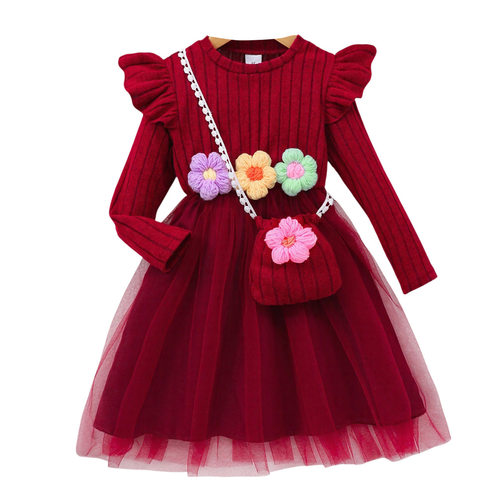Girls' (toddler & little kid) dress, featuring 3d floral appliqués, ribbed knit paneling, mesh long sleeves, and includes a matching crossbody bag