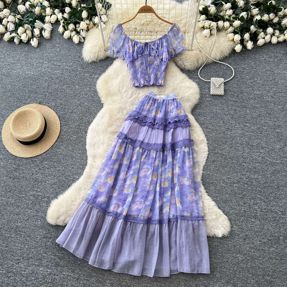 French chic floral two-piece set: summer tie-waist top & mesh tiered skirt