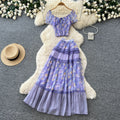 French chic floral two-piece set: summer tie-waist top & mesh tiered skirt