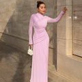 Export fashion european and american style  autumn/winter new collection - chic solid color crew neck long sleeve ruched bodycon dress for women