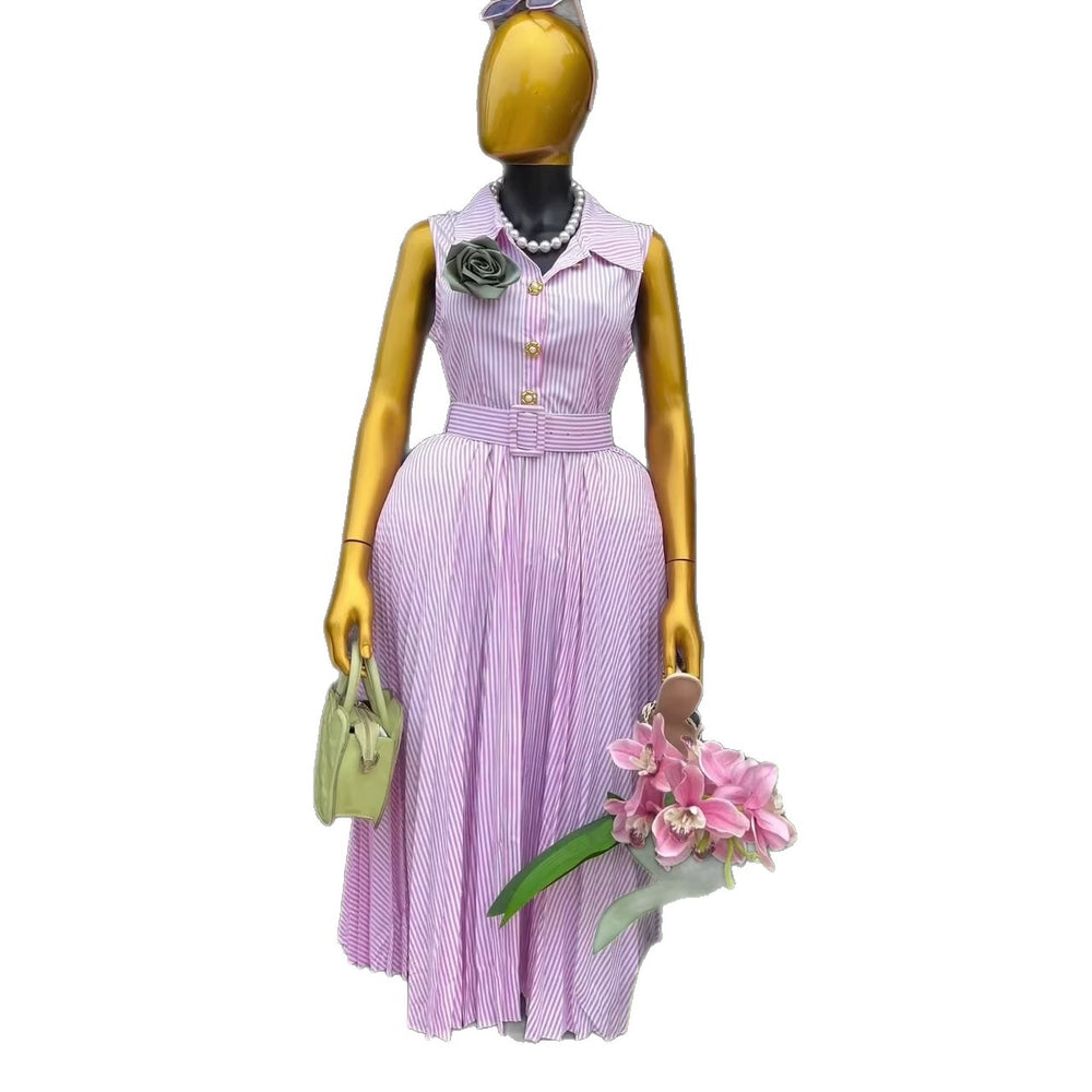 European and american cross-border women's clothing:  summer new arrival - elegant sweetheart style, striped tie-neck pleated sleeveless dress