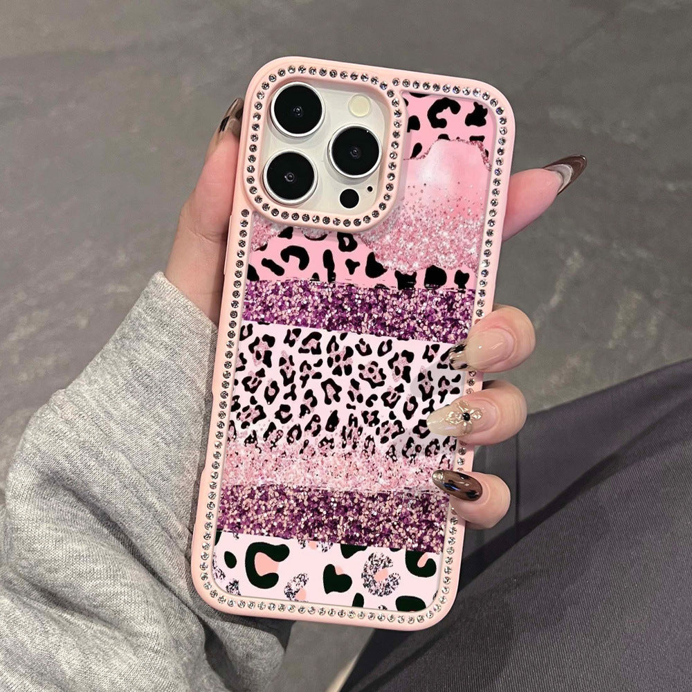 The first choice for gift giving is suitable for iphone17promax pink leopard print mobile phone case, glitter apple 16 diamond star diamond case