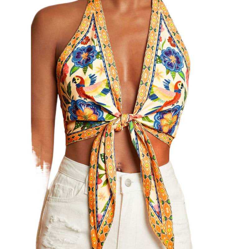 european and american style tropical print halter neck tie deep v backless sleeveless tank top - beach vacation hot girl outfit