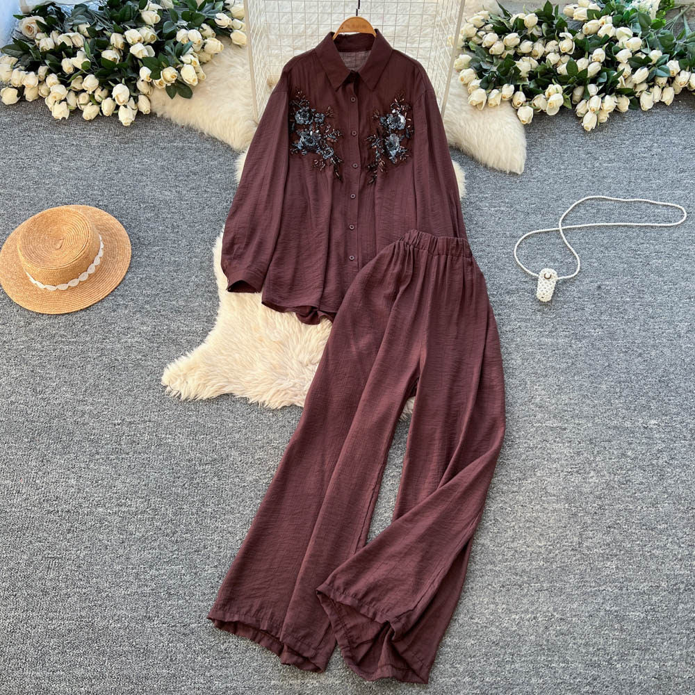 Light mature style heavy industry embroider red work clothingtwo-piece set female autumlooseslimming looklong sleevesshirtloose pantssuit