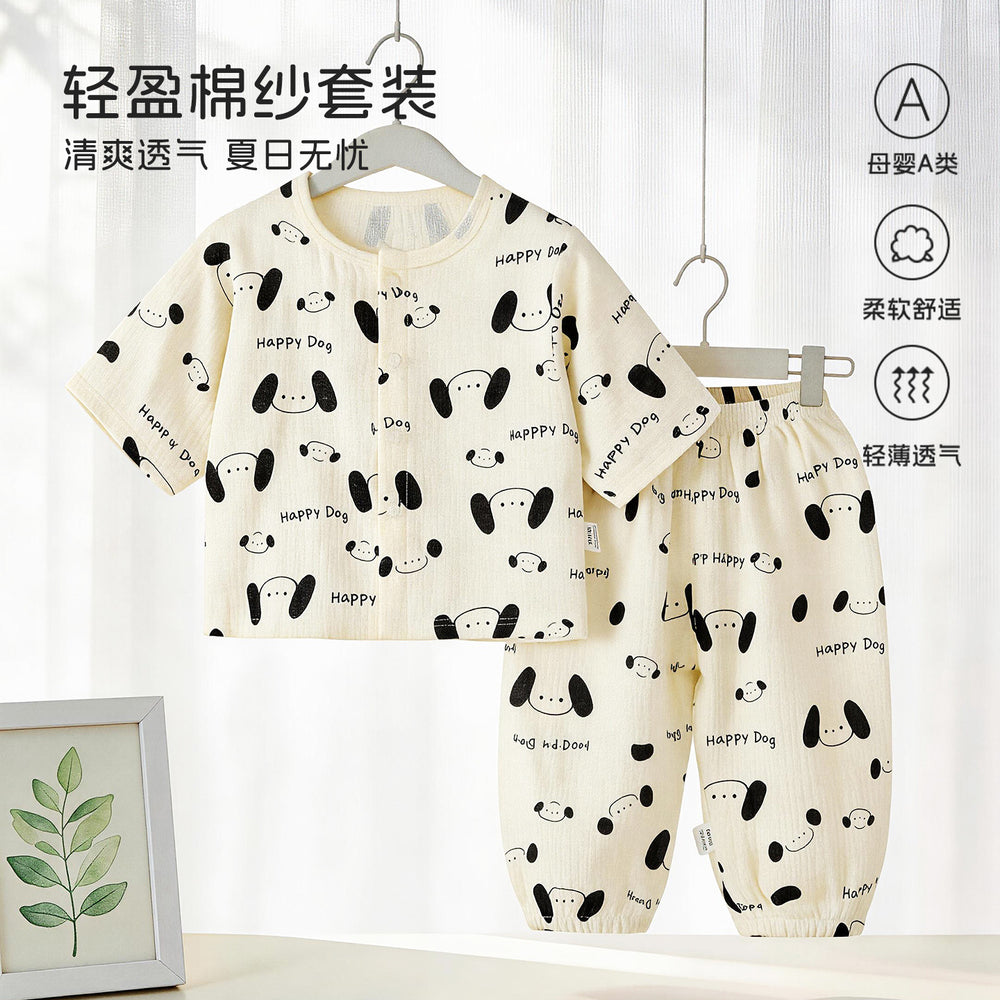 Class a pajamas gauze pure cotton spring summer thin baby air-conditioning home clothes 7-quarter sleeves + pants kidssuit
