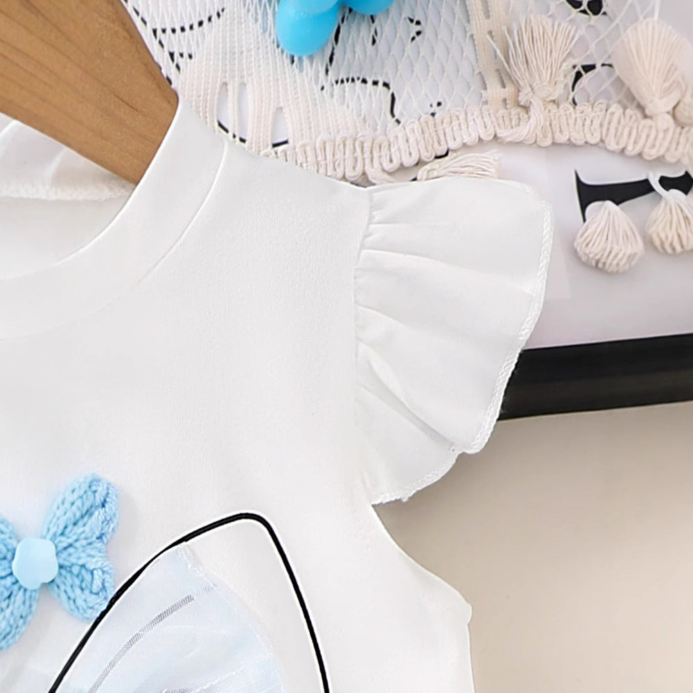 Children's clothingfashion children's clothing woolen flower off-white flying sleeve t-shirt + blue skirt girl