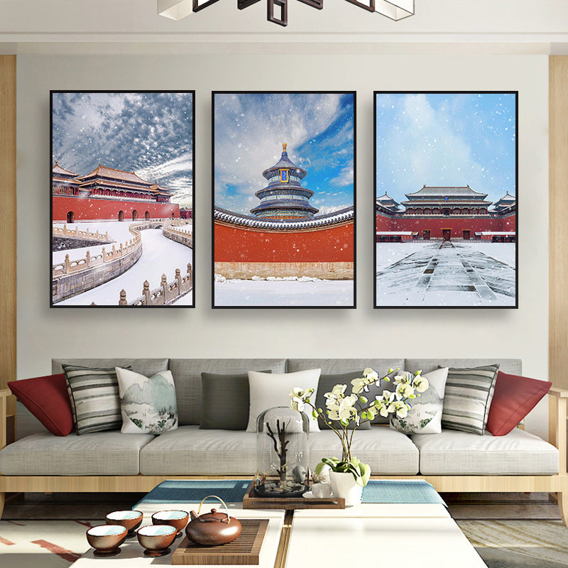 Beijing Forbidden City Snow Scene Decorative Painting New Chinese Architecture Eaves Red Wall Hanging Painting Chinese Style Restaurant Box Mural