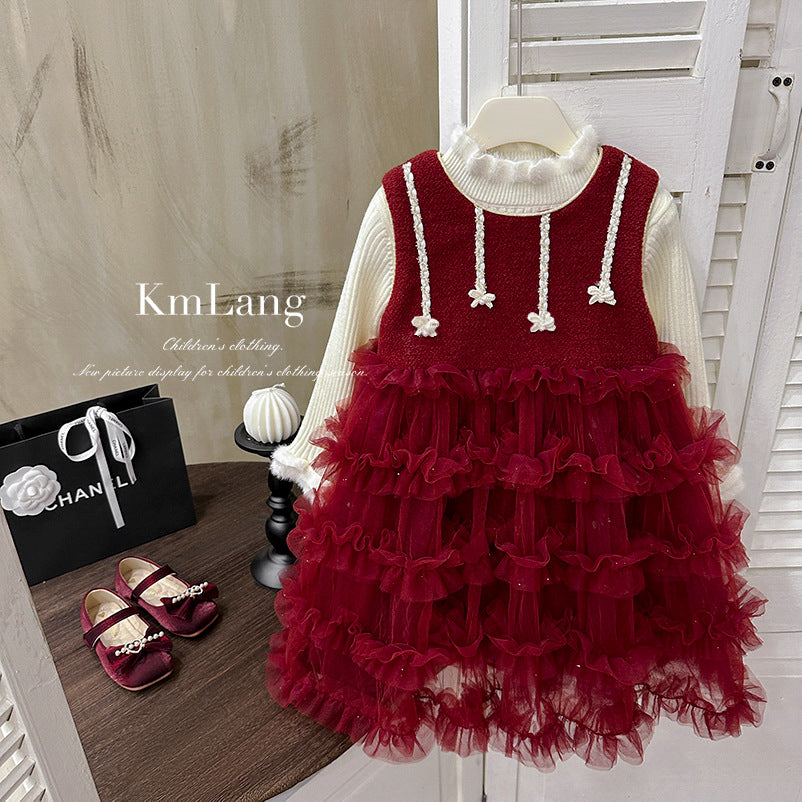Girls' dress - premium princess style with fleece lining, vest dress, tiered skirt, perfect for chinese new year