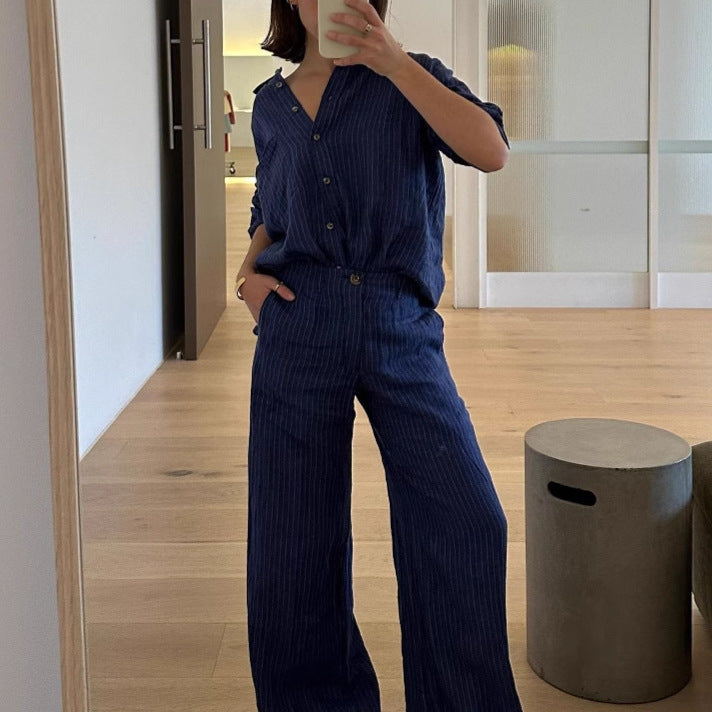 European and American  independent station casual navy blue striped two-piece cardigan top wide-leg pants women's clothing  hot sale