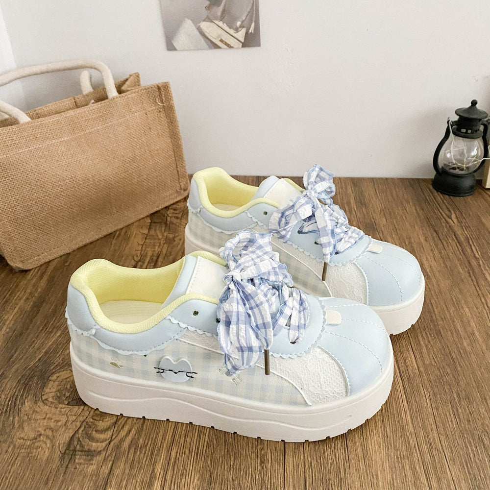 Blue korean style high-value plaid bowknot chunky sole sneakers women's 2026 summer new arrival niche campus white shoes