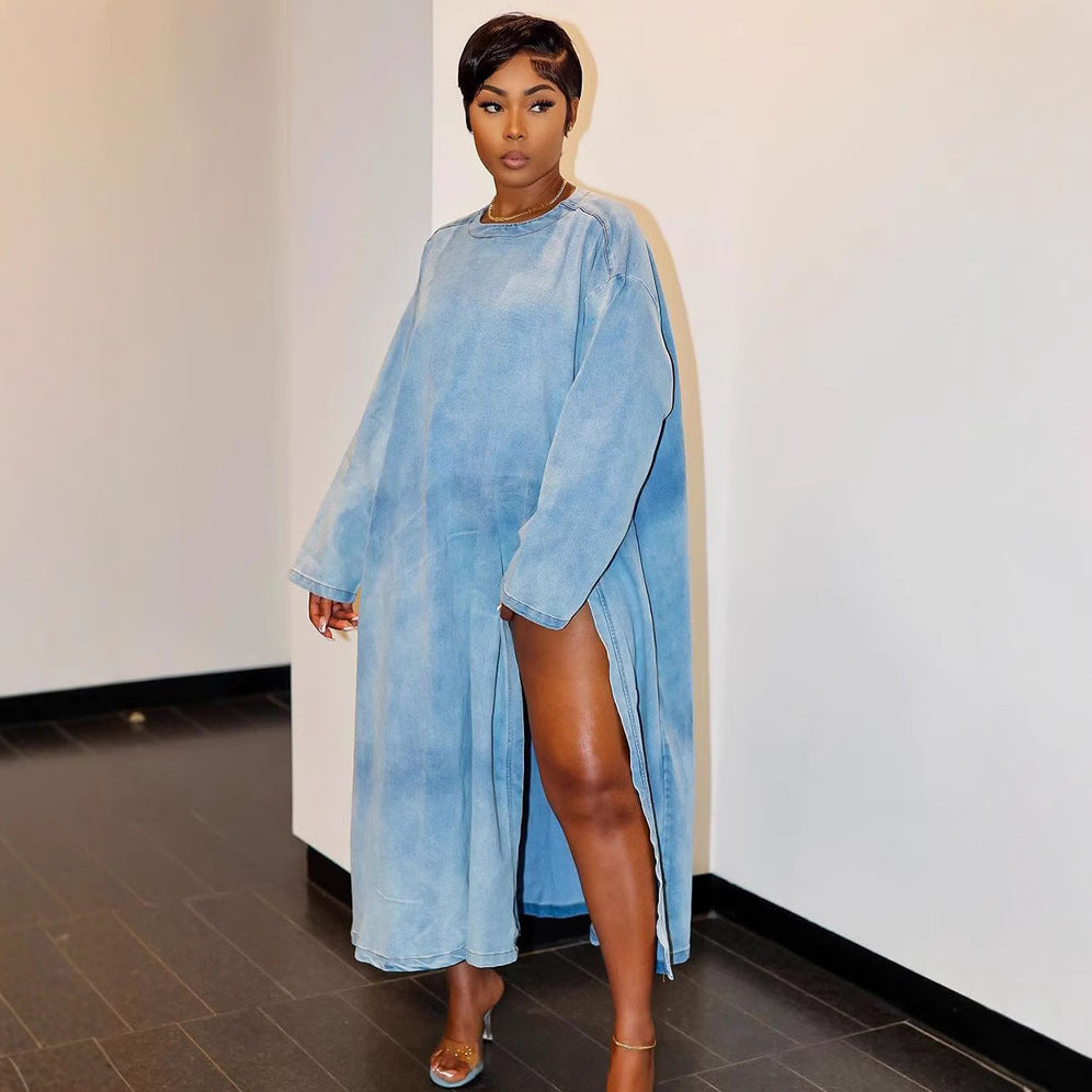European and american cross-border women's clothing  women's denim dress autumn and winter fashionable minimalist slit long sleeve denim maxi dress