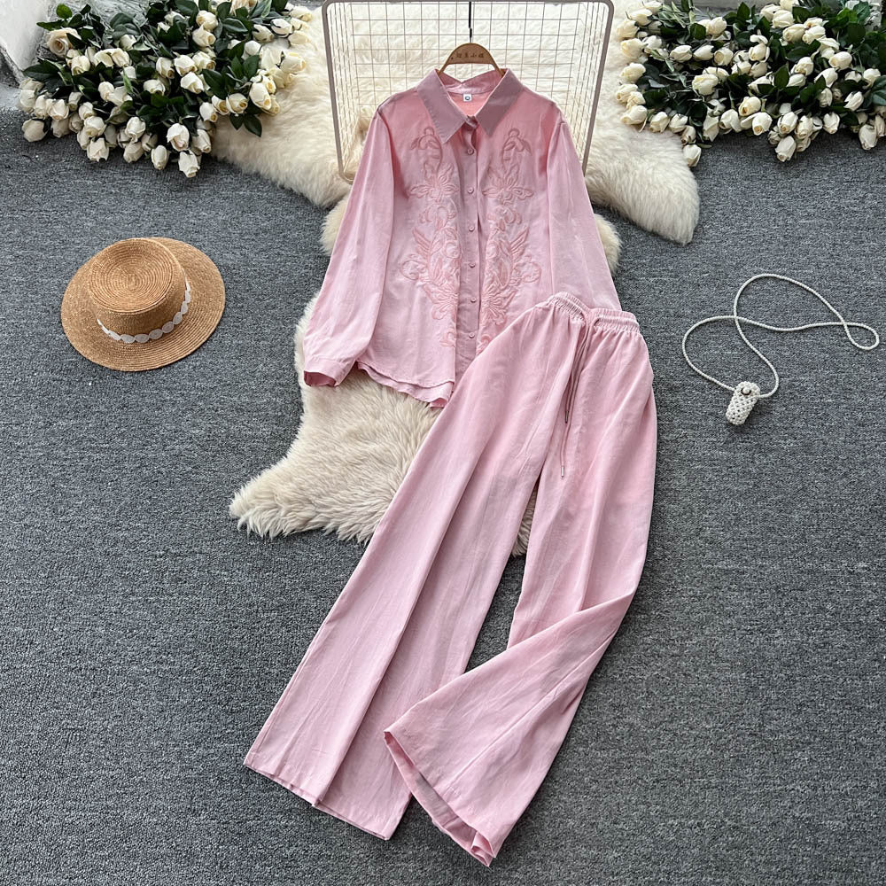 Lazy style casualfashion heavy industry embroiderlooselong sleevesshirt women's high waistslimming lookloose pantsautumsuit