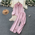 Lazy style casualfashion heavy industry embroiderlooselong sleevesshirt women's high waistslimming lookloose pantsautumsuit