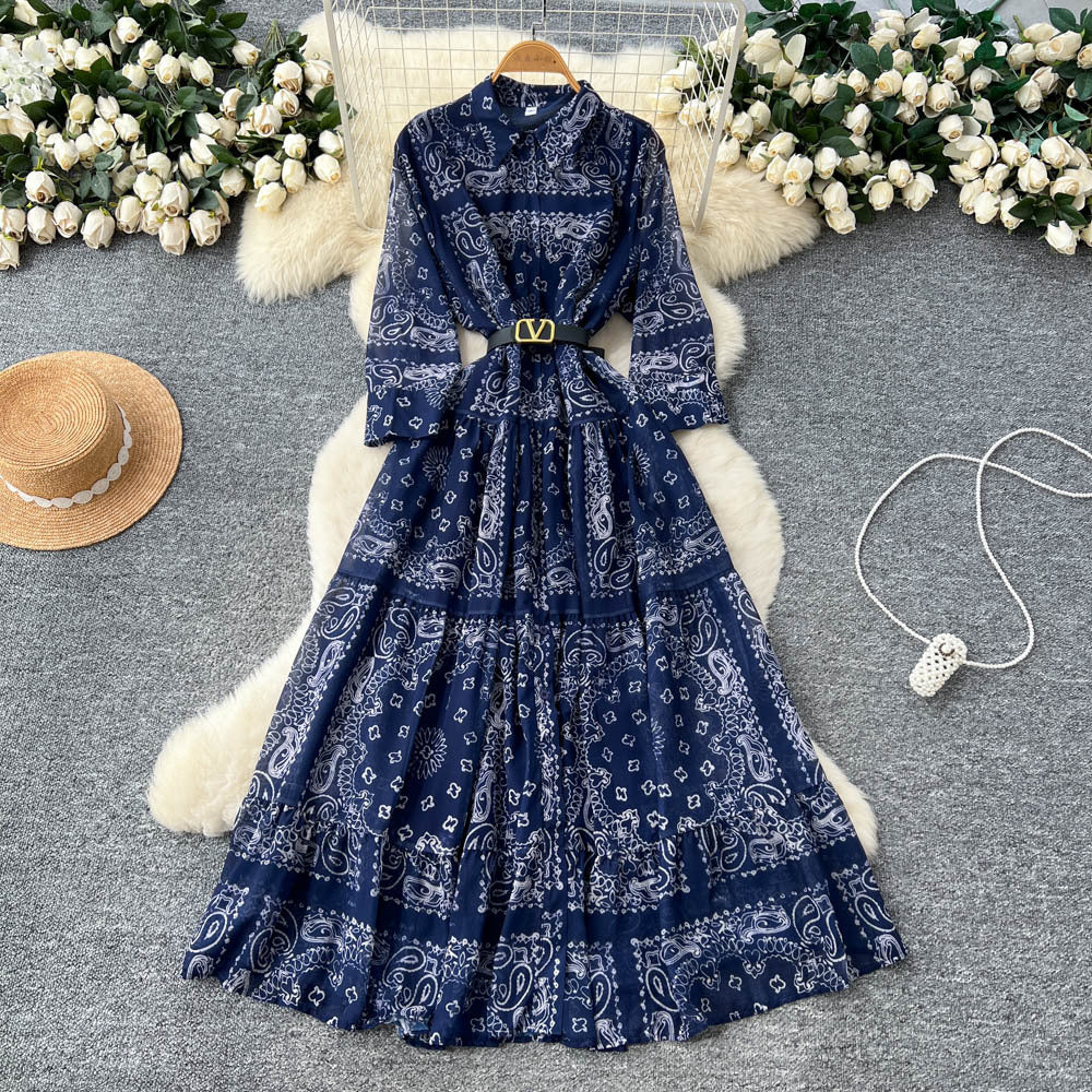 French retro fashion printed long sleeve single-breasted tie-waist dress - women's autumn  high-end maxi dress