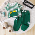 Amazon  spring/summer new kids' stylish and trendy baby green dinosaur cartoon striped short-sleeve and pants two-piece set