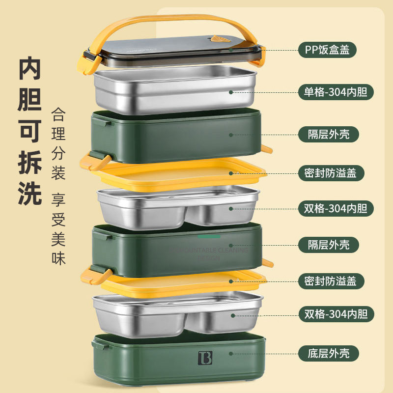 304 stainless steel multi-layer insulated lunch box, rectangular portable sealed meal container, student double-layer divided bento box
