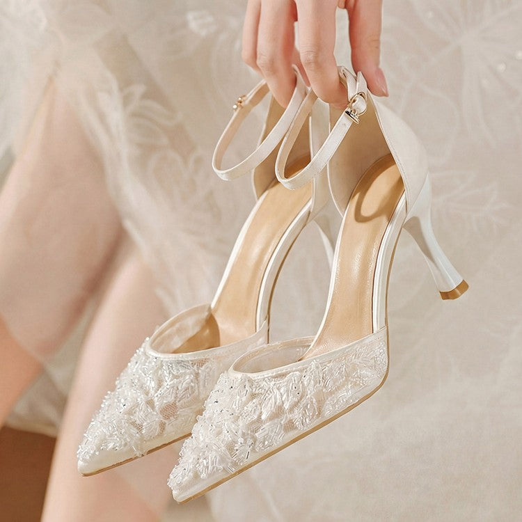 2026 new summer mesh bridal shoes women's wedding shoes one-strap high heel sandals