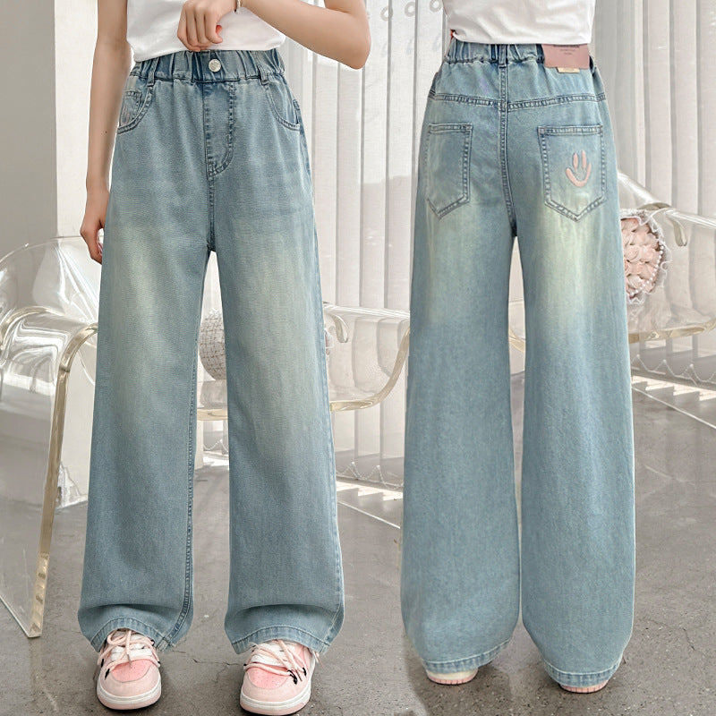 Girls' spring lightweight pants  new style big kids summer straight-leg wide-leg mosquito-proof pants children's tencel denim jeans