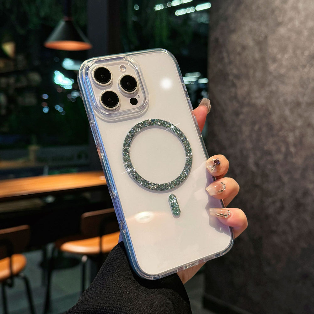 Crystal diamond high-transparency glitter magnetic iphone 17 pro max case, compatible with iphone 14 & 15, color block shockproof frame