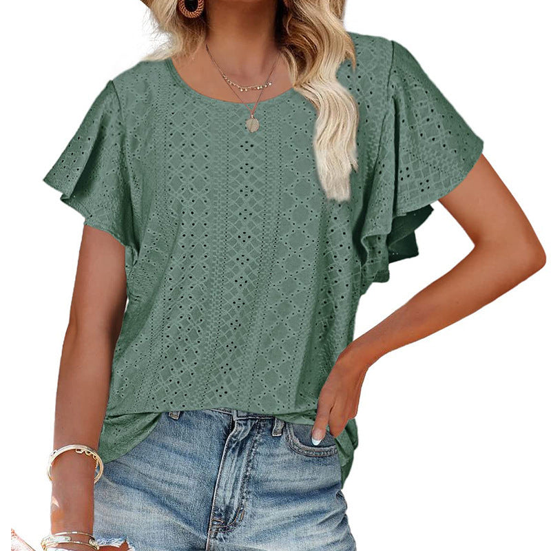 summer new arrival: cross-border european & american women's apparel -  style ladies' top - cutout waist, ruffle sleeve, casual t-shirt