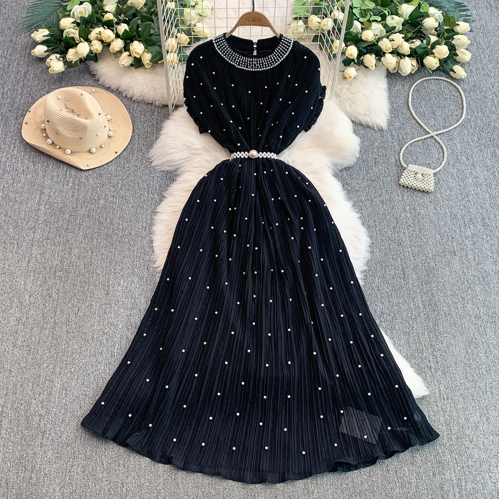European and american light luxury socialite beaded round neck dress - women's summer slimming pleated elegant long gown
