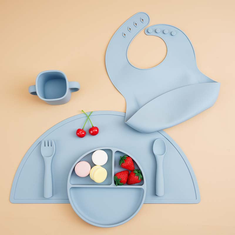 Children's food-grade silicone tableware set, baby separation plate, saliva pocket, complementary food bowl, six-piece tableware set