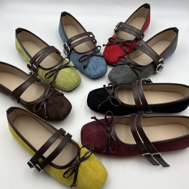 Export autumnew arrival square toe one-piece buckle flat heel shoes cross-border large size bows women's single shoes wholesale